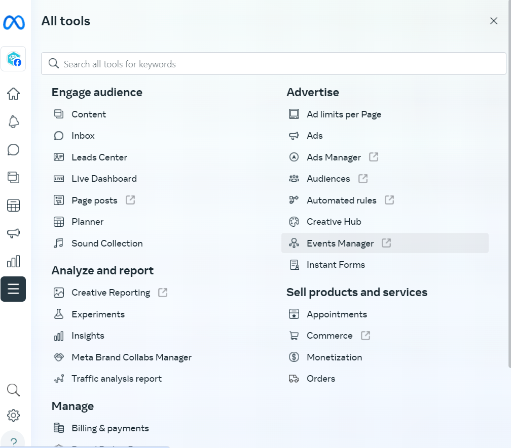 finding event manager in meta business suite